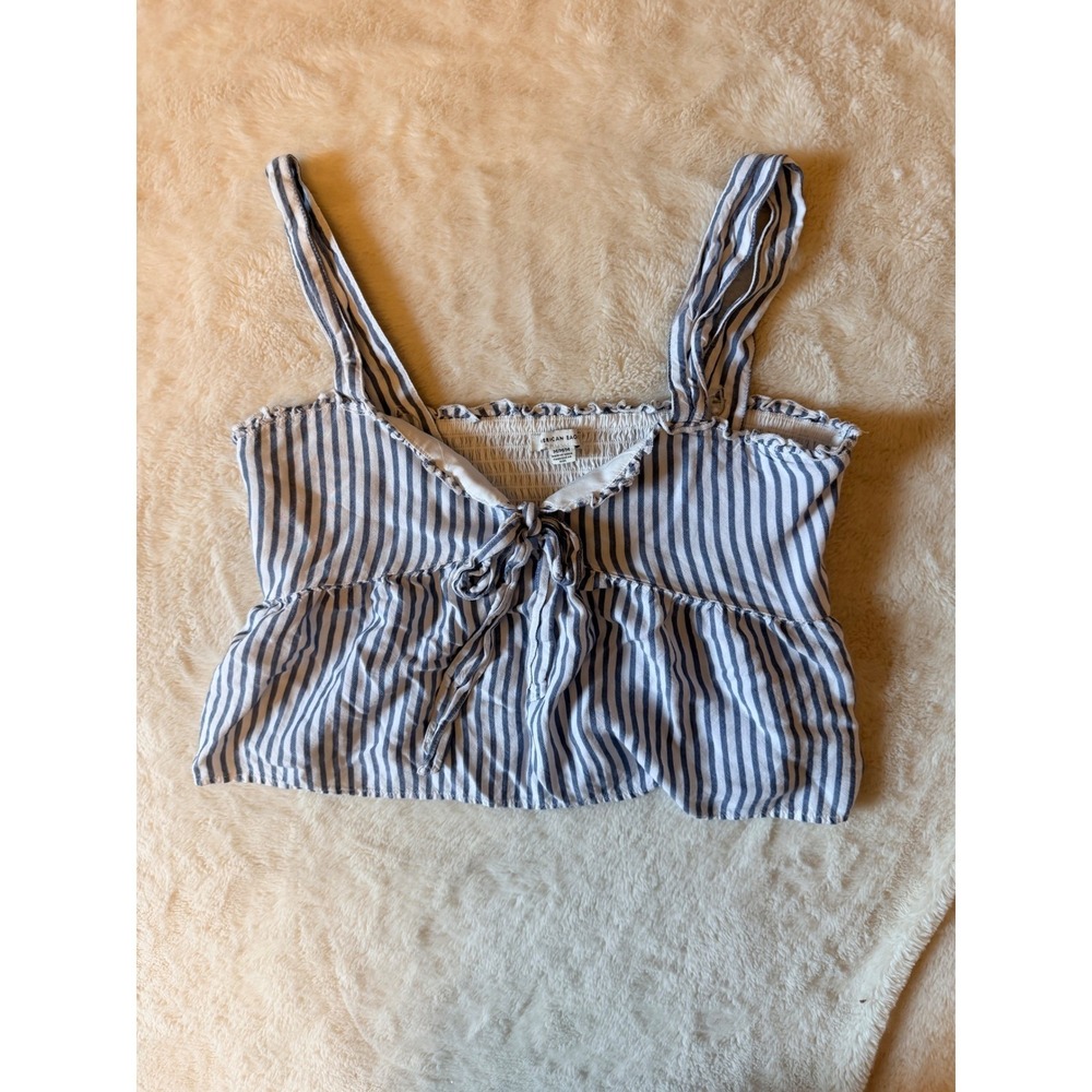 American Eagle Striped Tie Front Smocked Peplum Cami Crop Top Blue White Medium